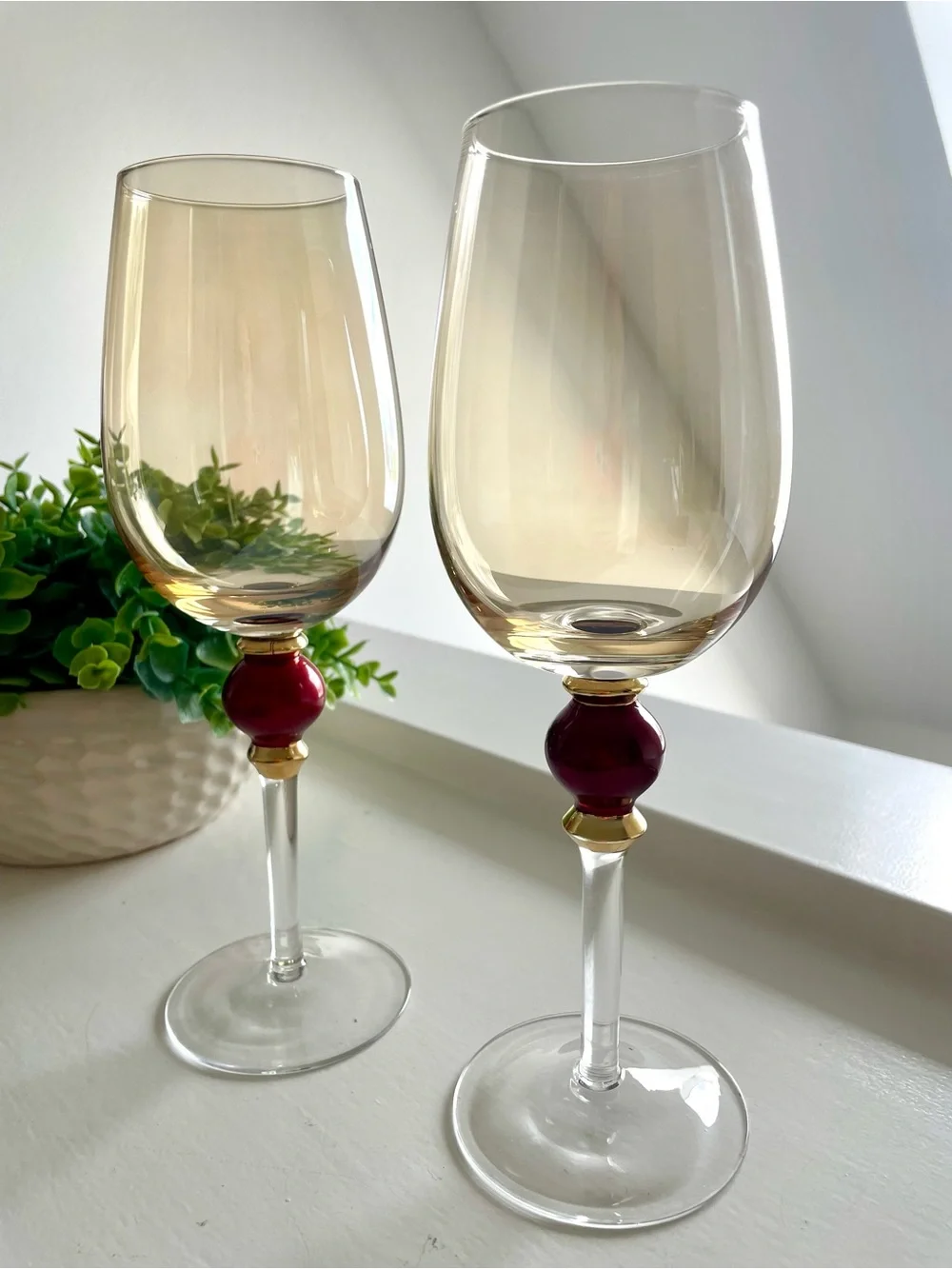 Pair of Pier 1 Amber Luster Red Ball Water Goblet Stem Wine Glass Handblown